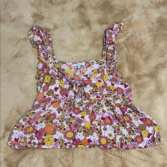 Patrons of Peace Tops - Patrons of Peace Pink and Yellow Ruffled Crop Blouse